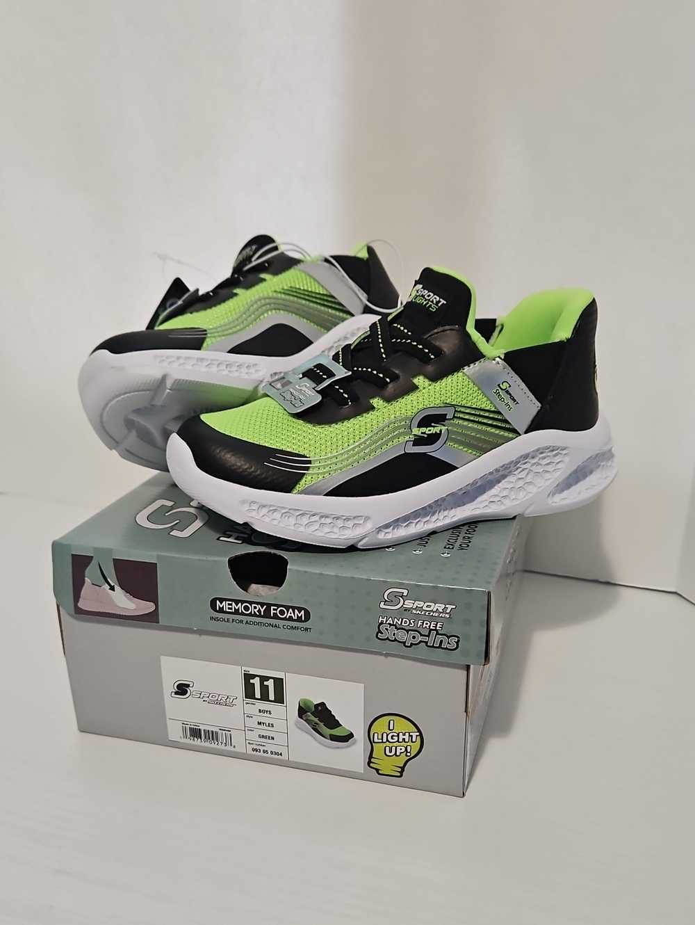 Skechers Step-Ins Kids Neon Green and Black Light-Up Sneakers